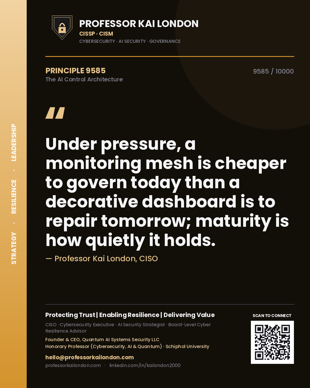 Professor Kai London principle 9585: Under pressure, a monitoring mesh is cheaper to govern today than a decorative dashboard is to repair tomorrow; maturity is how quietly it holds.