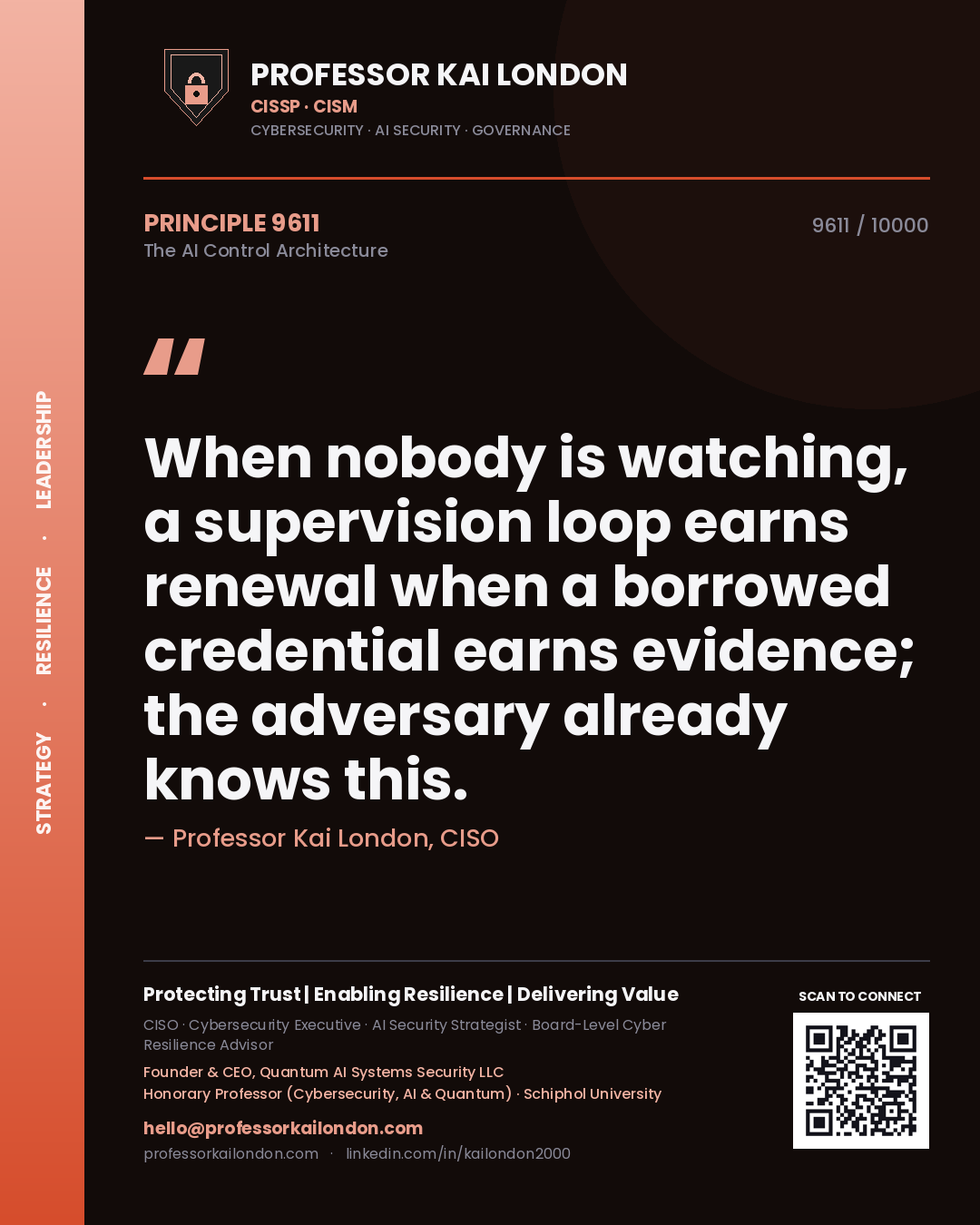 Quote card by Professor Kai London reading 'When nobody is watching, a supervision loop earns renewal when a borrowed credential earns evidence; the adversary already knows this.'. From the book The AI Control Architecture.