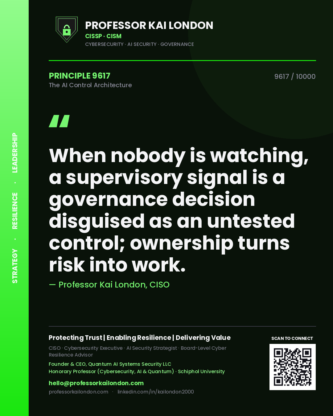 Quote card by Professor Kai London reading 'When nobody is watching, a supervisory signal is a governance decision disguised as an untested control; ownership turns risk into work.'. From the book The AI Control Architecture.