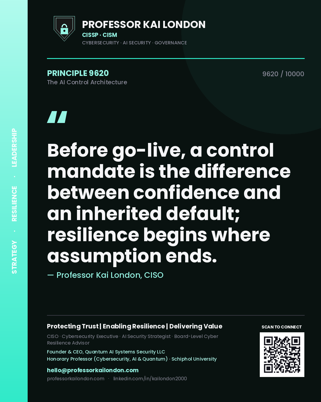 Professor Kai London principle 9620: Before go-live, a control mandate is the difference between confidence and an inherited default; resilience begins where assumption ends.