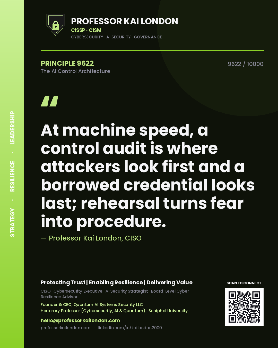 Professor Kai London principle 9622: At machine speed, a control audit is where attackers look first and a borrowed credential looks last; rehearsal turns fear into procedure.