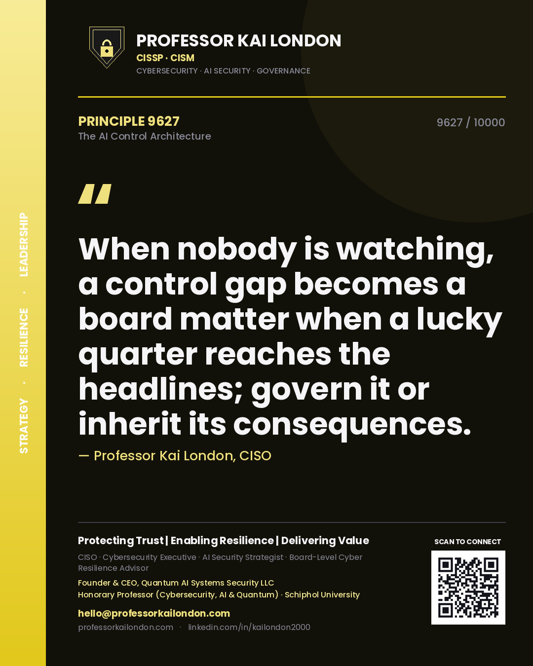 Quote card by Professor Kai London reading 'When nobody is watching, a control gap becomes a board matter when a lucky quarter reaches the headlines; govern it or inherit its consequences.'. From the book The AI Control Architecture.