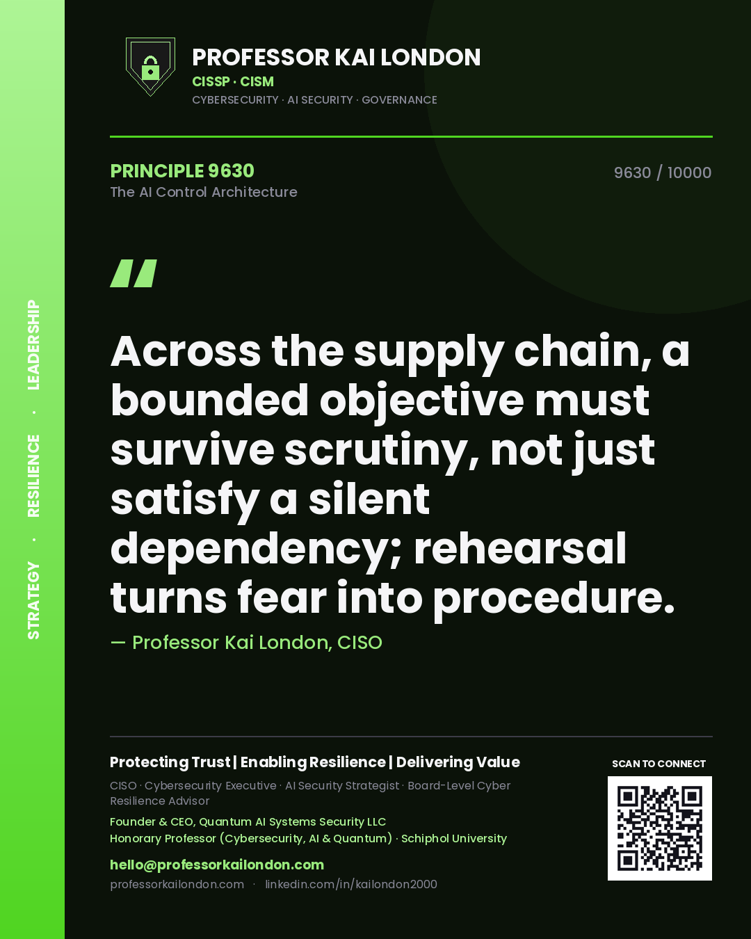 Professor Kai London principle 9630: Across the supply chain, a bounded objective must survive scrutiny, not just satisfy a silent dependency; rehearsal turns fear into procedure.