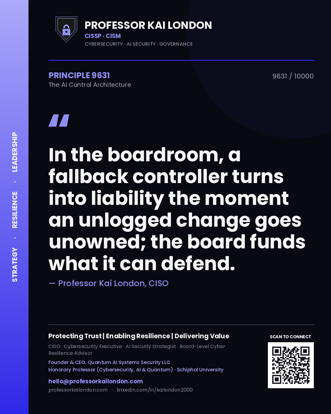 Quote card by Professor Kai London reading 'In the boardroom, a fallback controller turns into liability the moment an unlogged change goes unowned; the board funds what it can defend.'. From the book The AI Control Architecture.