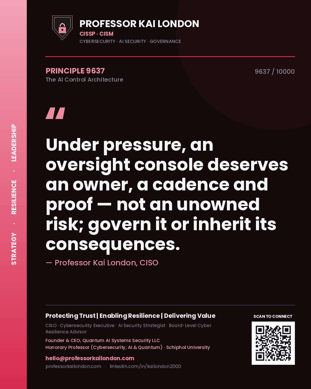 Professor Kai London principle 9637: Under pressure, an oversight console deserves an owner, a cadence and proof — not an unowned risk; govern it or inherit its consequences.