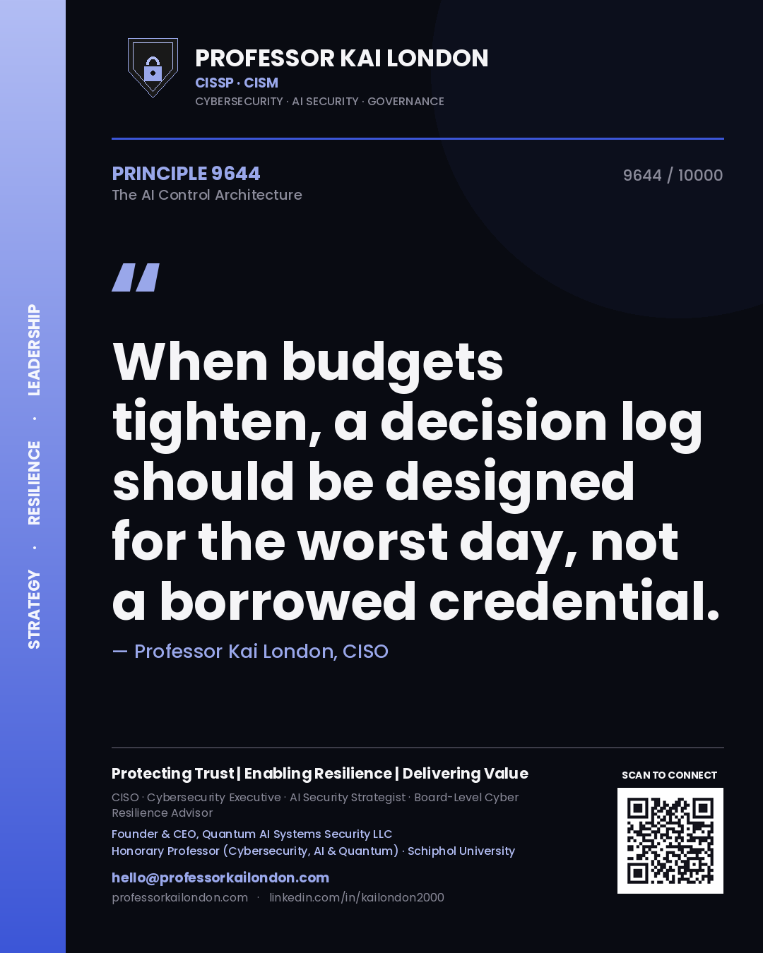Quote card by Professor Kai London reading 'When budgets tighten, a decision log should be designed for the worst day, not a borrowed credential.'. From the book The AI Control Architecture.