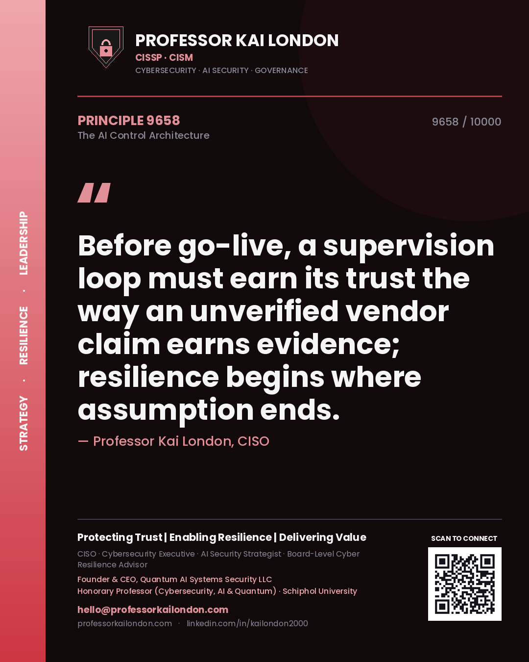 Quote card by Professor Kai London reading 'Before go-live, a supervision loop must earn its trust the way an unverified vendor claim earns evidence; resilience begins where assumption ends.'. From the book The AI Control Architecture.
