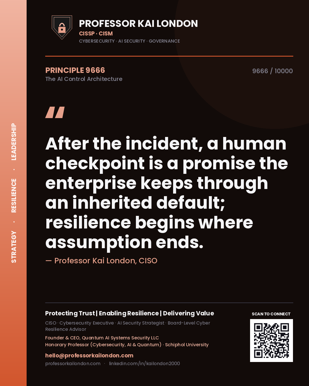 Professor Kai London principle 9666: After the incident, a human checkpoint is a promise the enterprise keeps through an inherited default; resilience begins where assumption ends.
