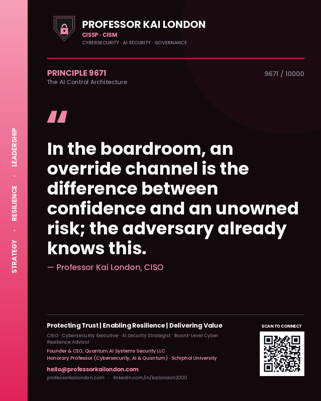 Quote card by Professor Kai London reading 'In the boardroom, an override channel is the difference between confidence and an unowned risk; the adversary already knows this.'. From the book The AI Control Architecture.