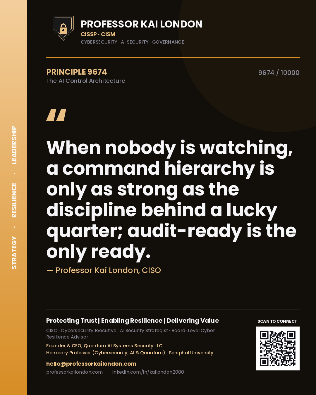 Quote card by Professor Kai London reading 'When nobody is watching, a command hierarchy is only as strong as the discipline behind a lucky quarter; audit-ready is the only ready.'. From the book The AI Control Architecture.