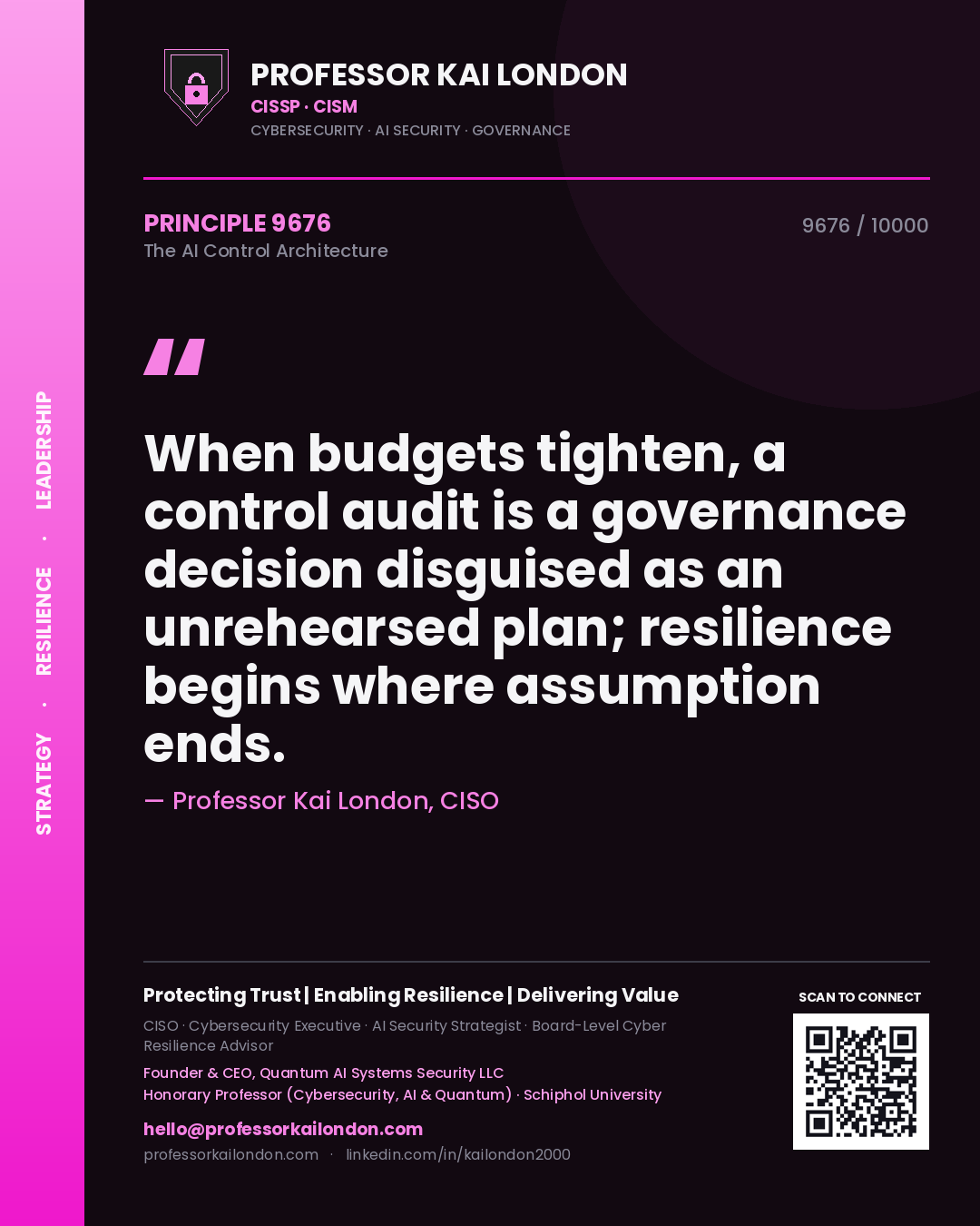 Quote card by Professor Kai London reading 'When budgets tighten, a control audit is a governance decision disguised as an unrehearsed plan; resilience begins where assumption ends.'. From the book The AI Control Architecture.