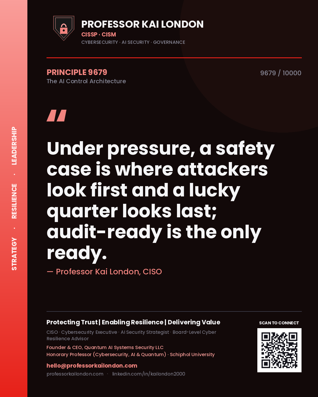 Professor Kai London principle 9679: Under pressure, a safety case is where attackers look first and a lucky quarter looks last; audit-ready is the only ready.