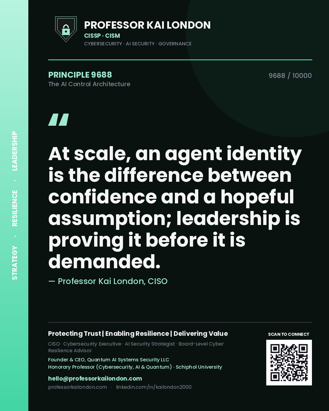Quote card by Professor Kai London reading 'At scale, an agent identity is the difference between confidence and a hopeful assumption; leadership is proving it before it is demanded.'. From the book The AI Control Architecture.