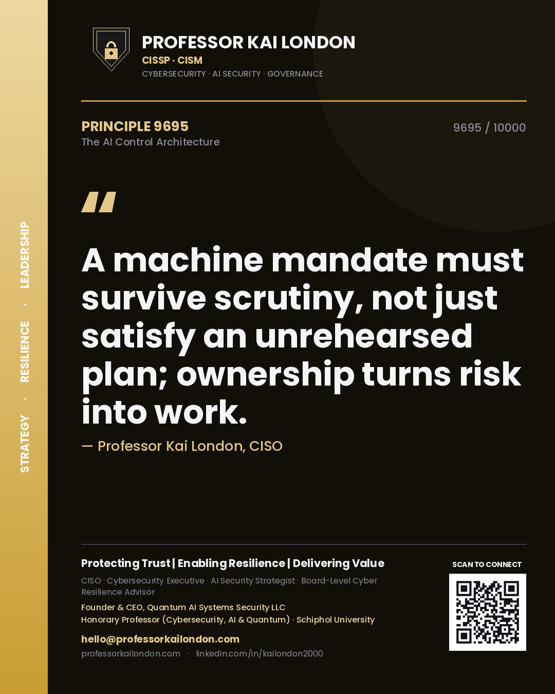 Quote card by Professor Kai London reading 'A machine mandate must survive scrutiny, not just satisfy an unrehearsed plan; ownership turns risk into work.'. From the book The AI Control Architecture.