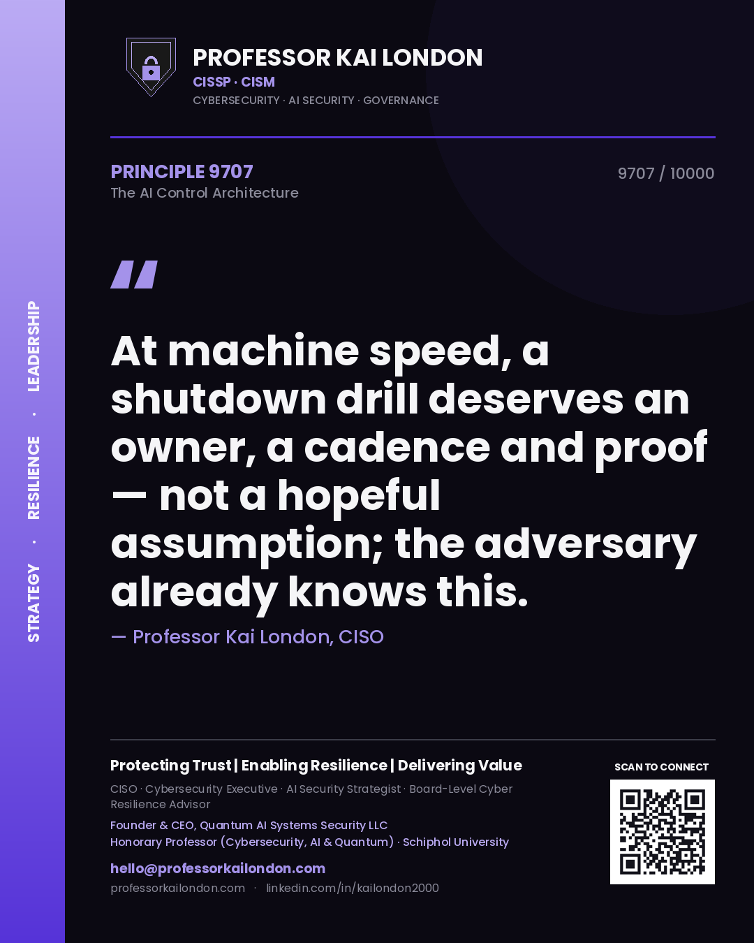 Quote card by Professor Kai London reading 'At machine speed, a shutdown drill deserves an owner, a cadence and proof — not a hopeful assumption; the adversary already knows this.'. From the book The AI Control Architecture.
