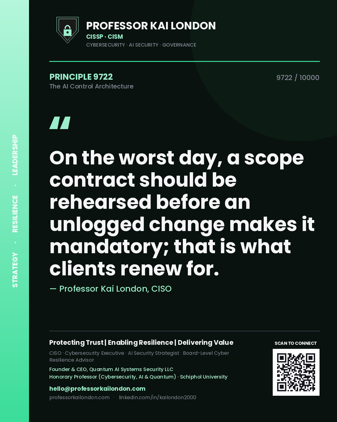 Quote card by Professor Kai London reading 'On the worst day, a scope contract should be rehearsed before an unlogged change makes it mandatory; that is what clients renew for.'. From the book The AI Control Architecture.