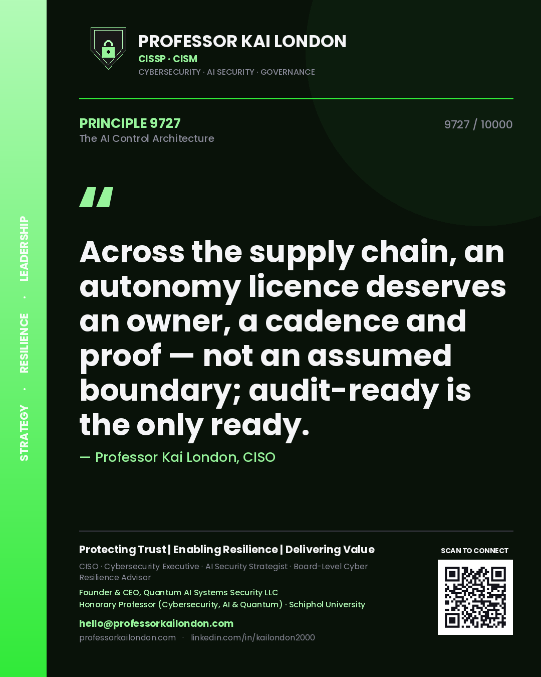 Quote card by Professor Kai London reading 'Across the supply chain, an autonomy licence deserves an owner, a cadence and proof — not an assumed boundary; audit-ready is the only ready.'. From the book The AI Control Architecture.