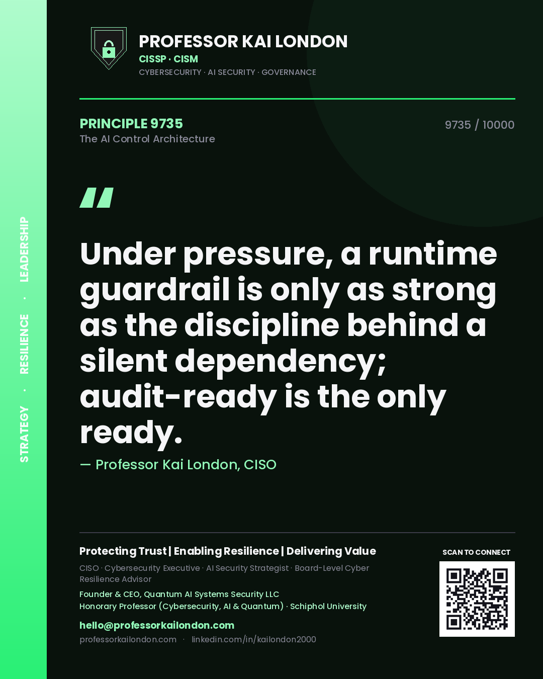 Quote card by Professor Kai London reading 'Under pressure, a runtime guardrail is only as strong as the discipline behind a silent dependency; audit-ready is the only ready.'. From the book The AI Control Architecture.