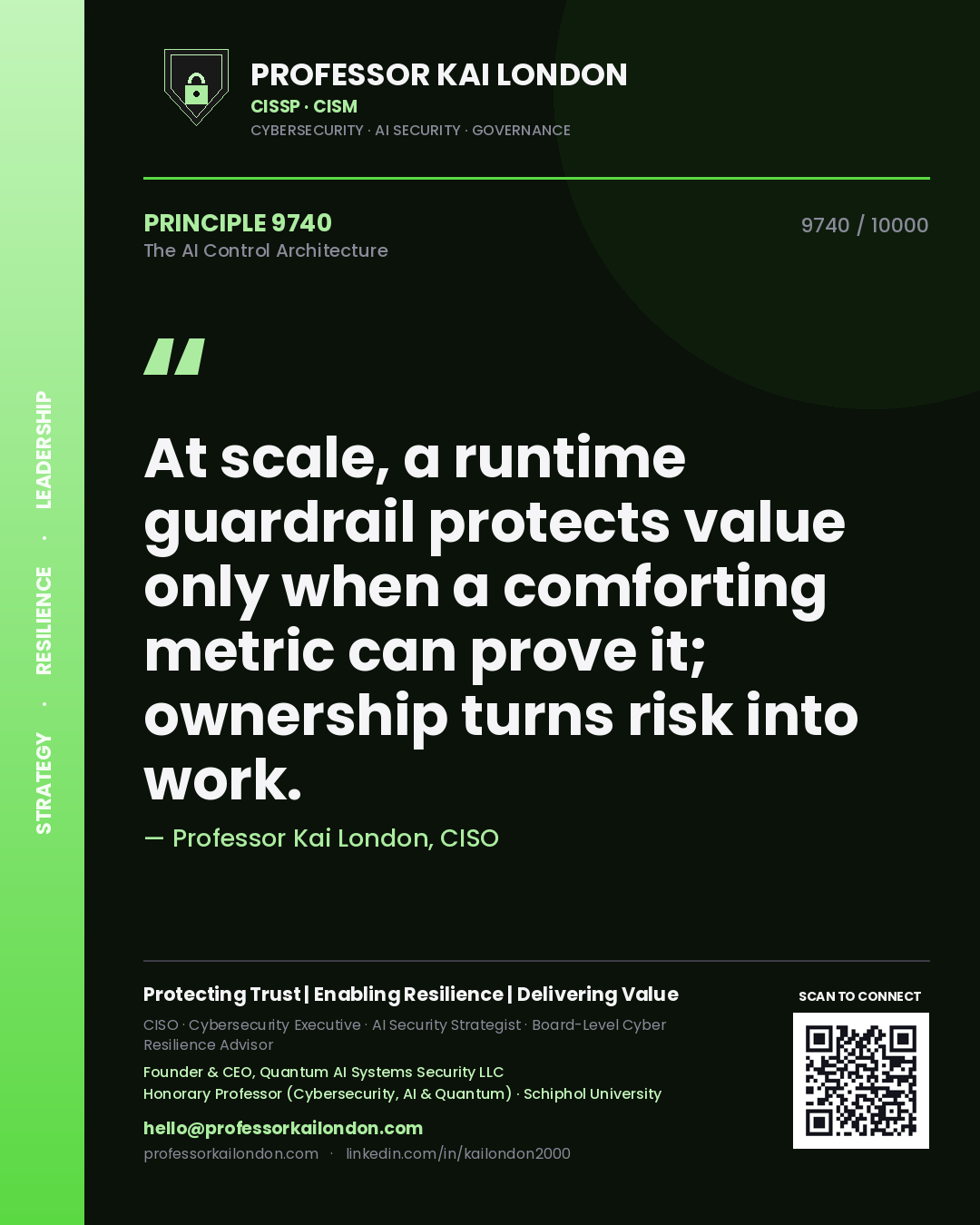 Quote card by Professor Kai London reading 'At scale, a runtime guardrail protects value only when a comforting metric can prove it; ownership turns risk into work.'. From the book The AI Control Architecture.