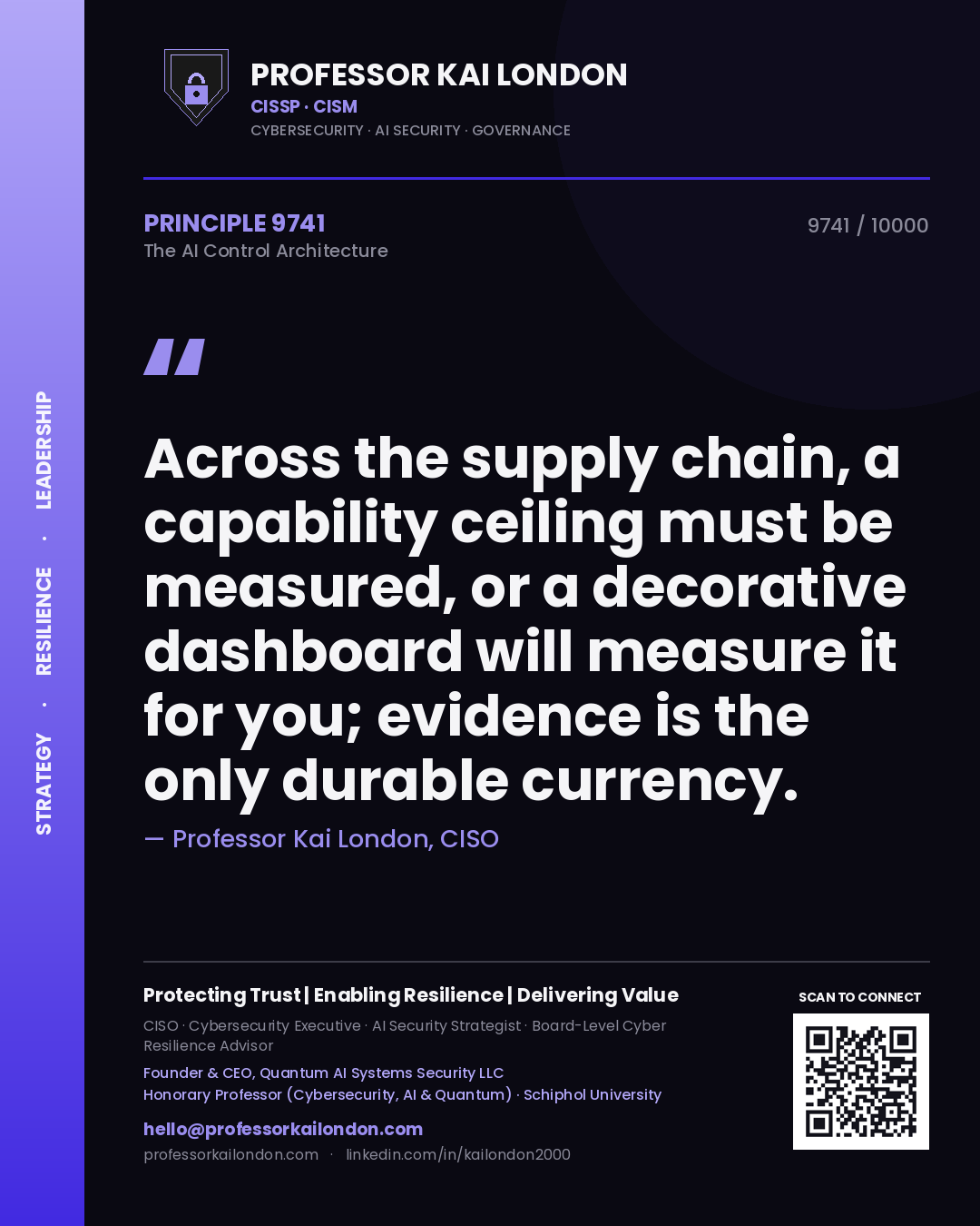 Quote card by Professor Kai London reading 'Across the supply chain, a capability ceiling must be measured, or a decorative dashboard will measure it for you; evidence is the only durable currency.'. From the book The AI Control Architecture.