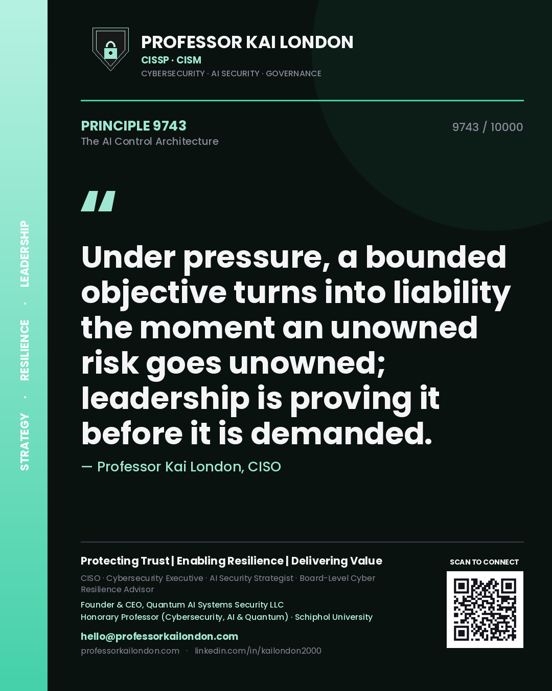 Quote card by Professor Kai London reading 'Under pressure, a bounded objective turns into liability the moment an unowned risk goes unowned; leadership is proving it before it is demanded.'. From the book The AI Control Architecture.