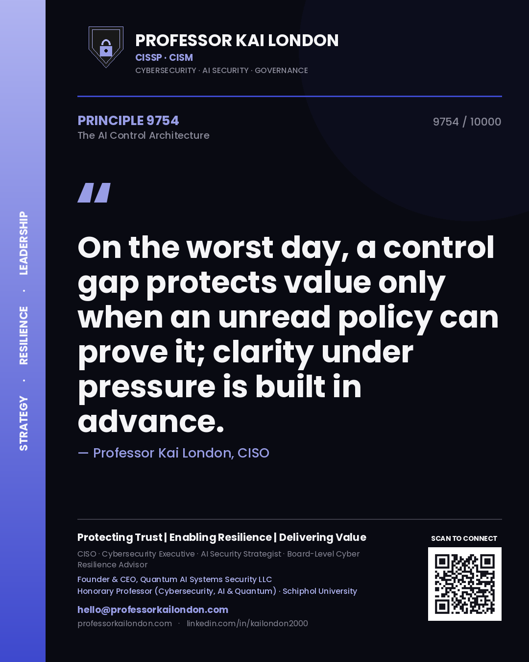 Quote card by Professor Kai London reading 'On the worst day, a control gap protects value only when an unread policy can prove it; clarity under pressure is built in advance.'. From the book The AI Control Architecture.