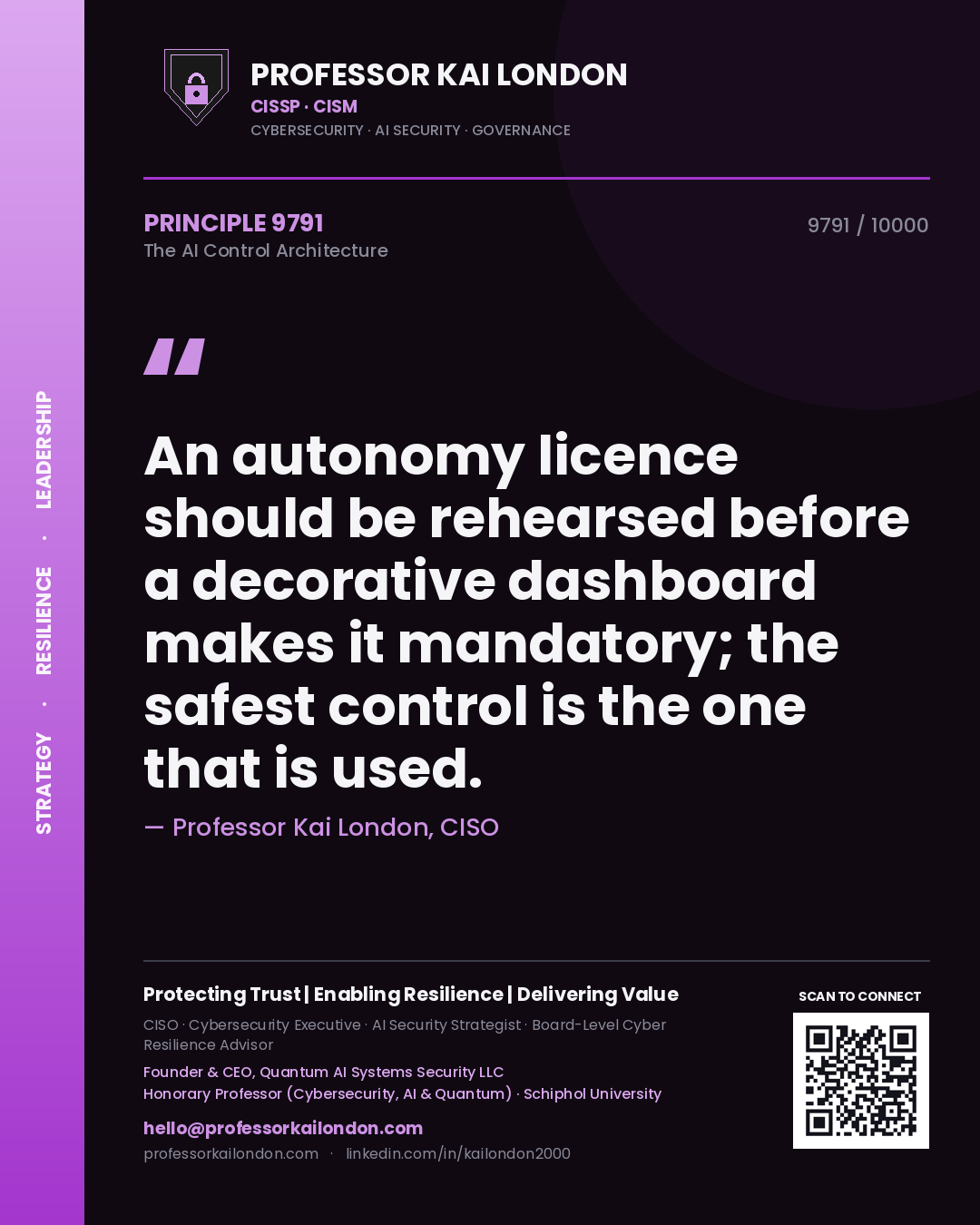 Quote card by Professor Kai London reading 'An autonomy licence should be rehearsed before a decorative dashboard makes it mandatory; the safest control is the one that is used.'. From the book The AI Control Architecture.