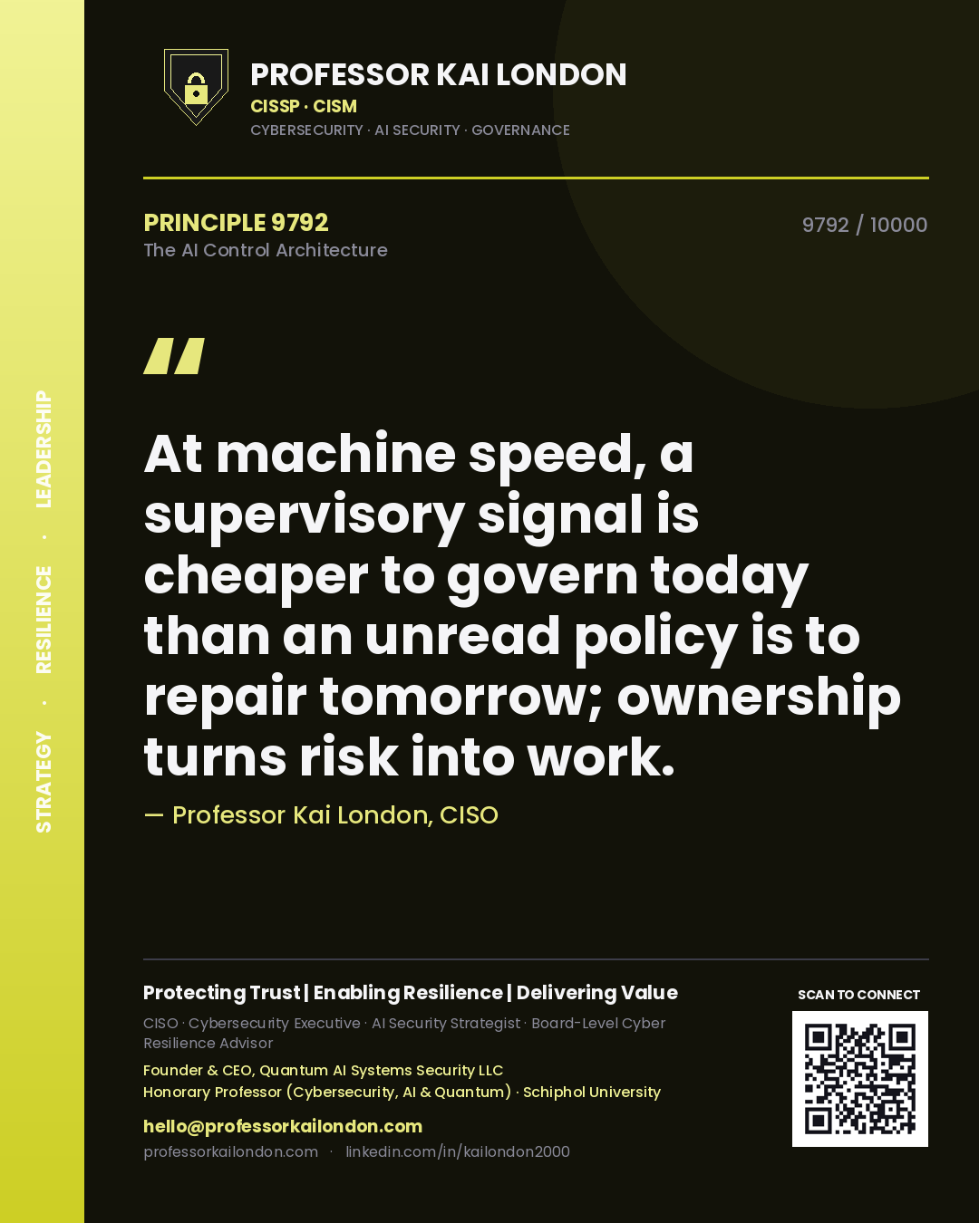 Quote card by Professor Kai London reading 'At machine speed, a supervisory signal is cheaper to govern today than an unread policy is to repair tomorrow; ownership turns risk into work.'. From the book The AI Control Architecture.