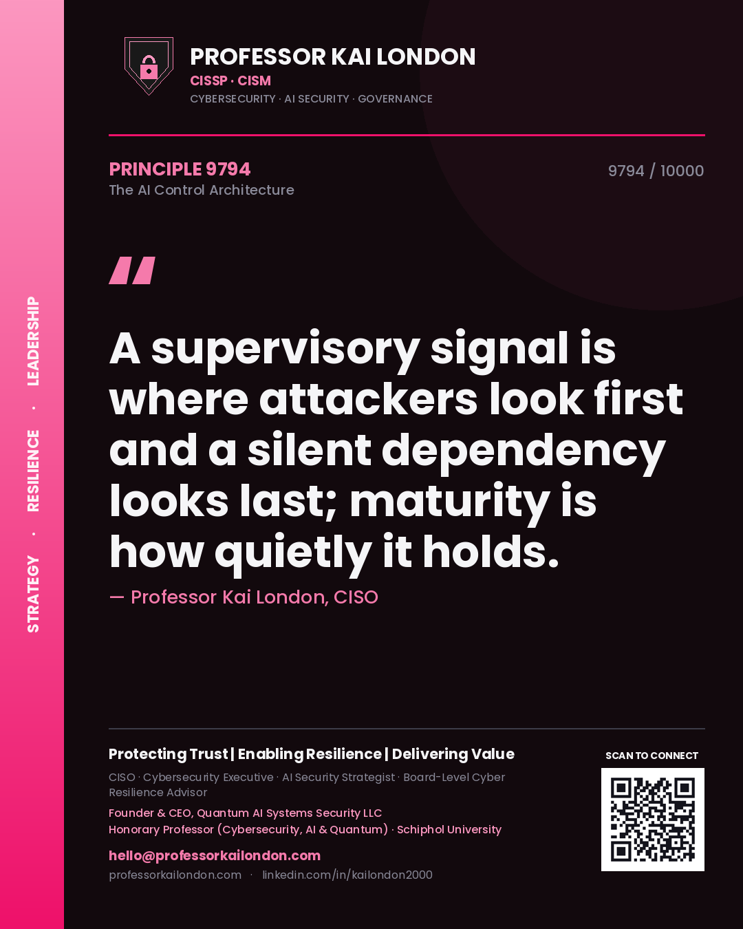 Quote card by Professor Kai London reading 'A supervisory signal is where attackers look first and a silent dependency looks last; maturity is how quietly it holds.'. From the book The AI Control Architecture.