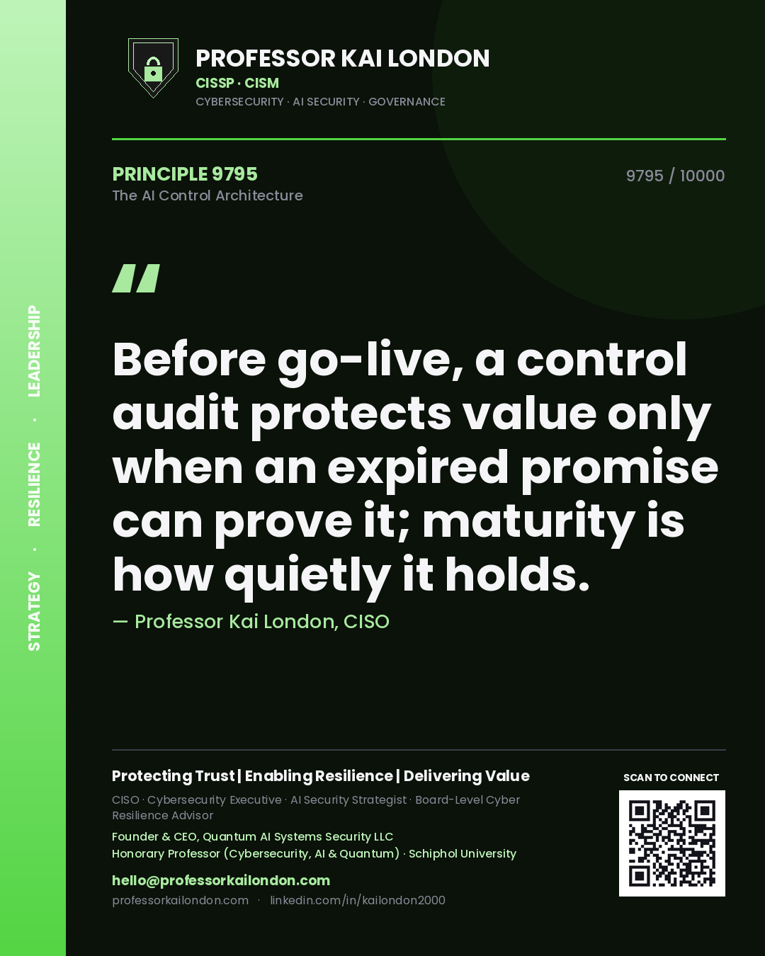 Professor Kai London principle 9795: Before go-live, a control audit protects value only when an expired promise can prove it; maturity is how quietly it holds.