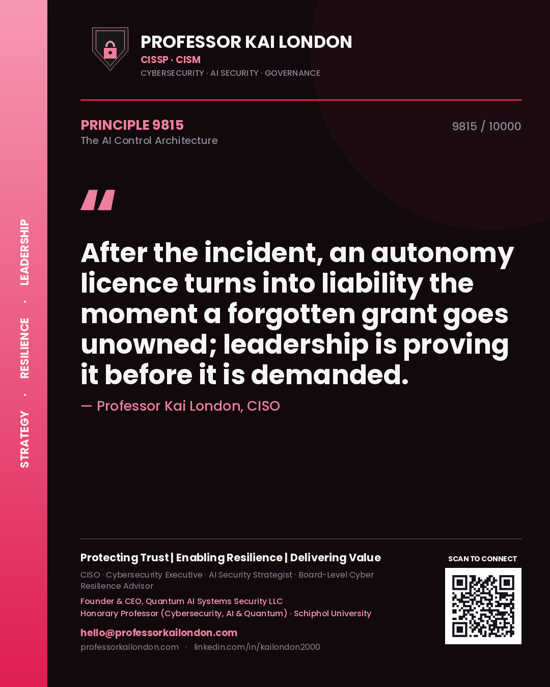 Quote card by Professor Kai London reading 'After the incident, an autonomy licence turns into liability the moment a forgotten grant goes unowned; leadership is proving it before it is demanded.'. From the book The AI Control Architecture.