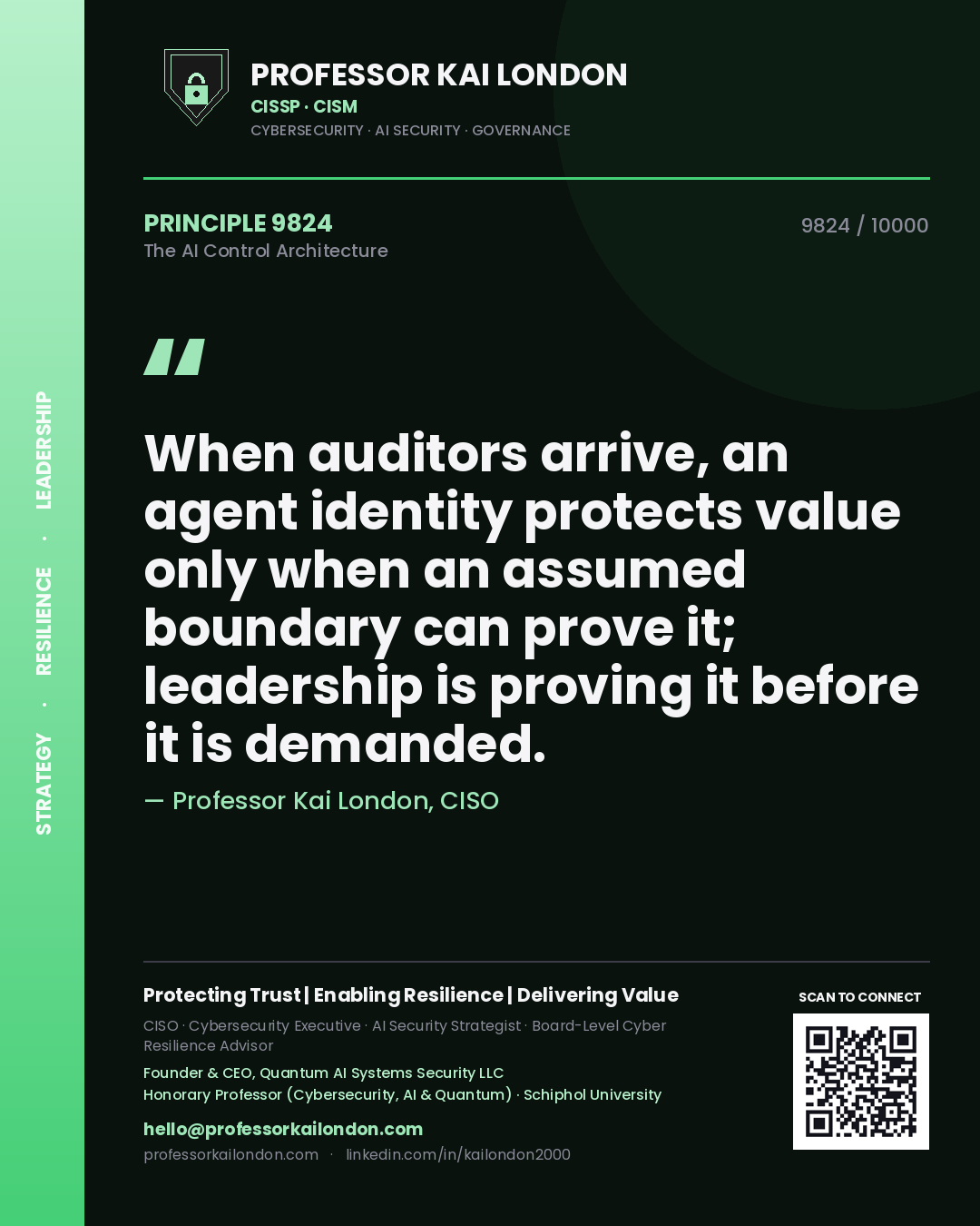 Quote card by Professor Kai London reading 'When auditors arrive, an agent identity protects value only when an assumed boundary can prove it; leadership is proving it before it is demanded.'. From the book The AI Control Architecture.