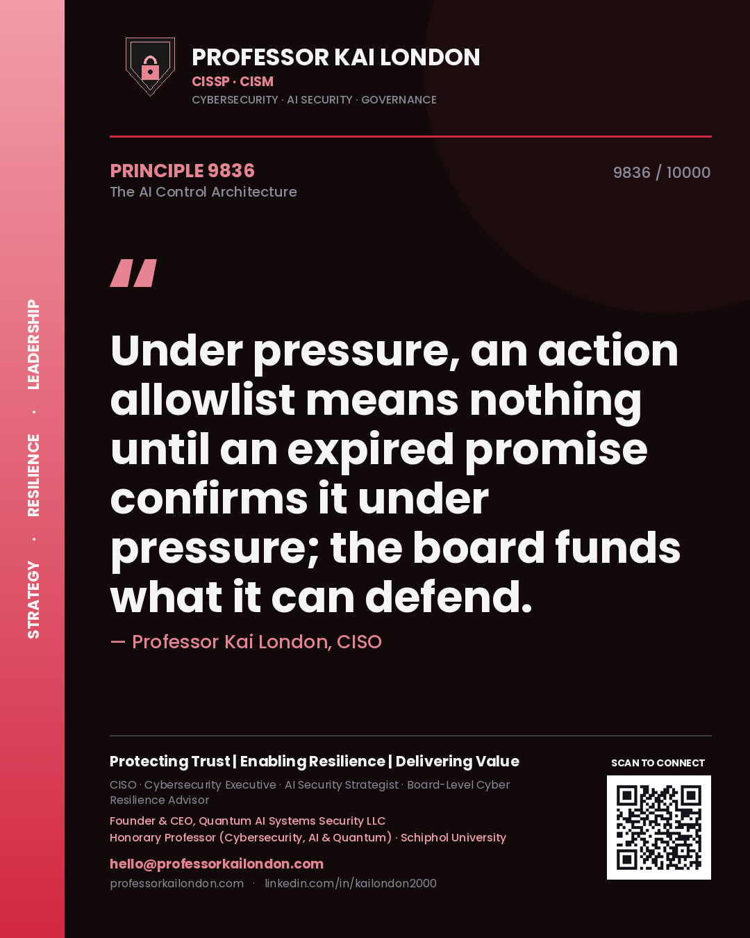 Professor Kai London principle 9836: Under pressure, an action allowlist means nothing until an expired promise confirms it under pressure; the board funds what it can defend.