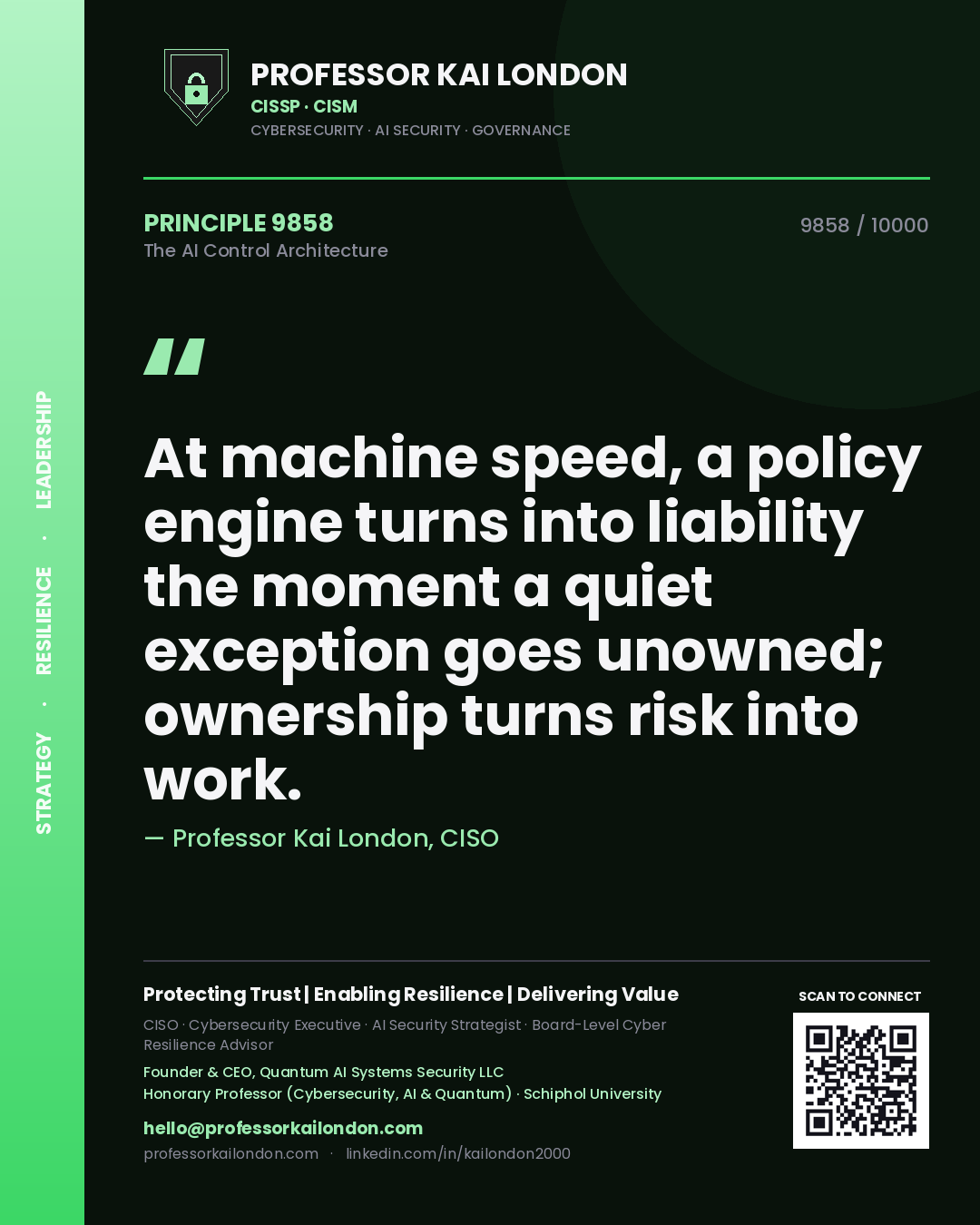 Quote card by Professor Kai London reading 'At machine speed, a policy engine turns into liability the moment a quiet exception goes unowned; ownership turns risk into work.'. From the book The AI Control Architecture.