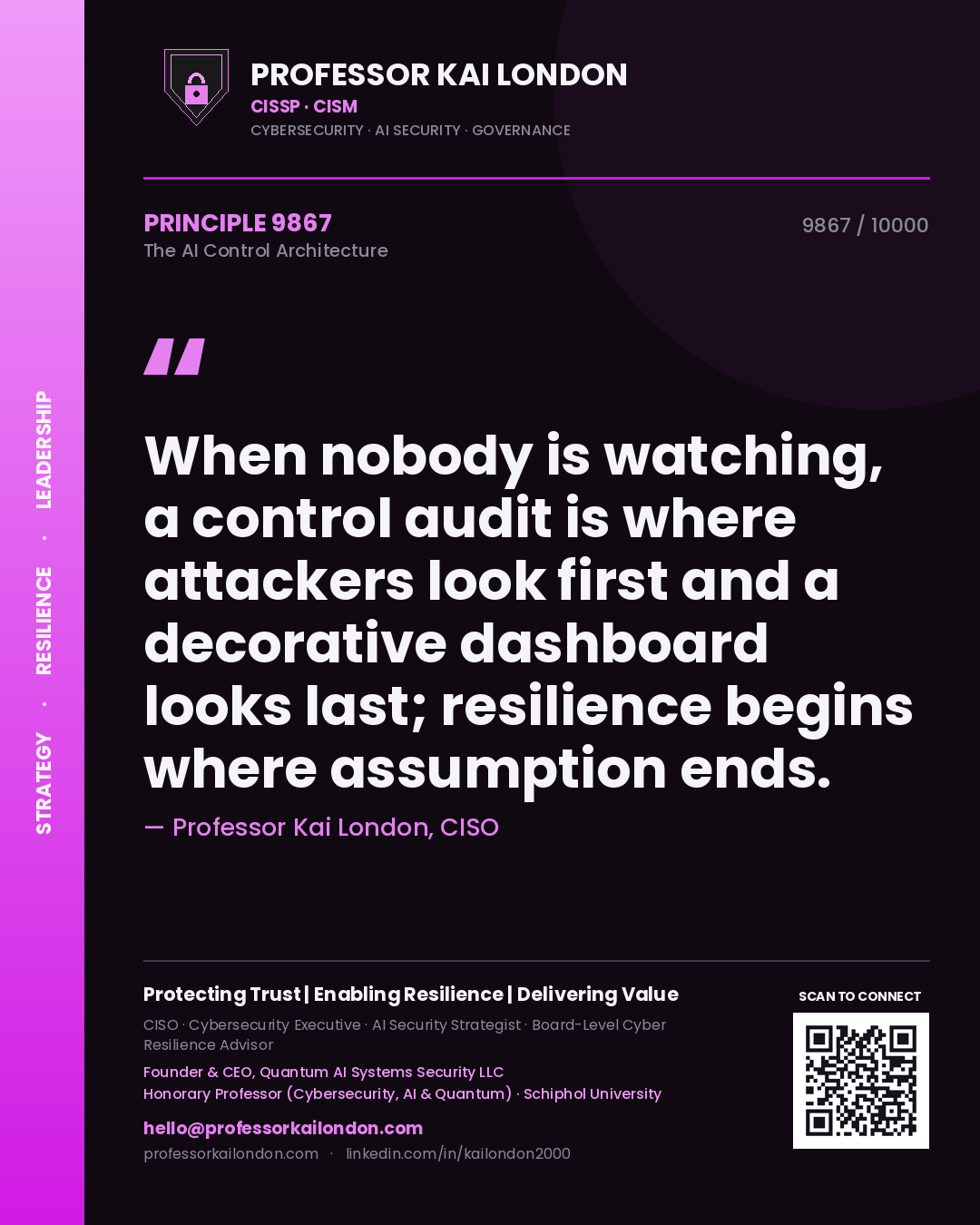 Professor Kai London principle 9867: When nobody is watching, a control audit is where attackers look first and a decorative dashboard looks last; resilience begins where assumption ends.
