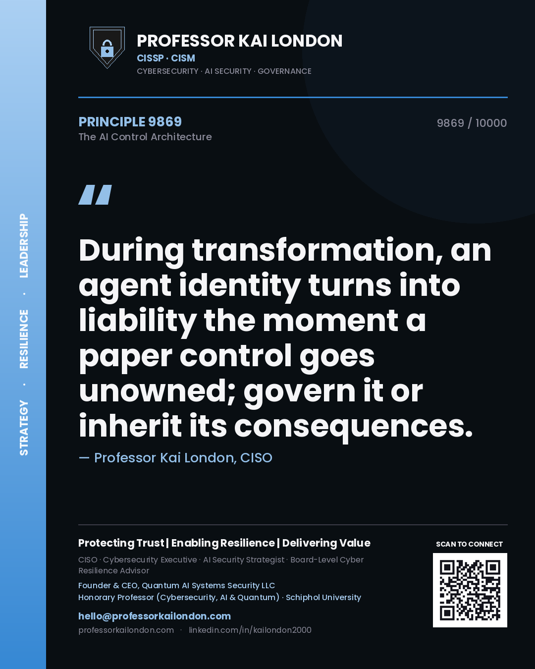 Professor Kai London principle 9869: During transformation, an agent identity turns into liability the moment a paper control goes unowned; govern it or inherit its consequences.