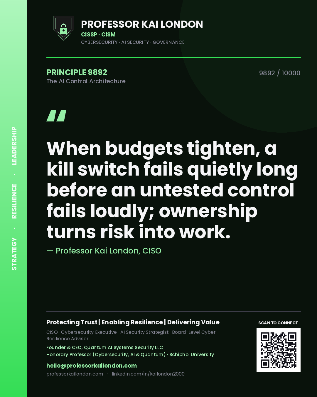 Quote card by Professor Kai London reading 'When budgets tighten, a kill switch fails quietly long before an untested control fails loudly; ownership turns risk into work.'. From the book The AI Control Architecture.