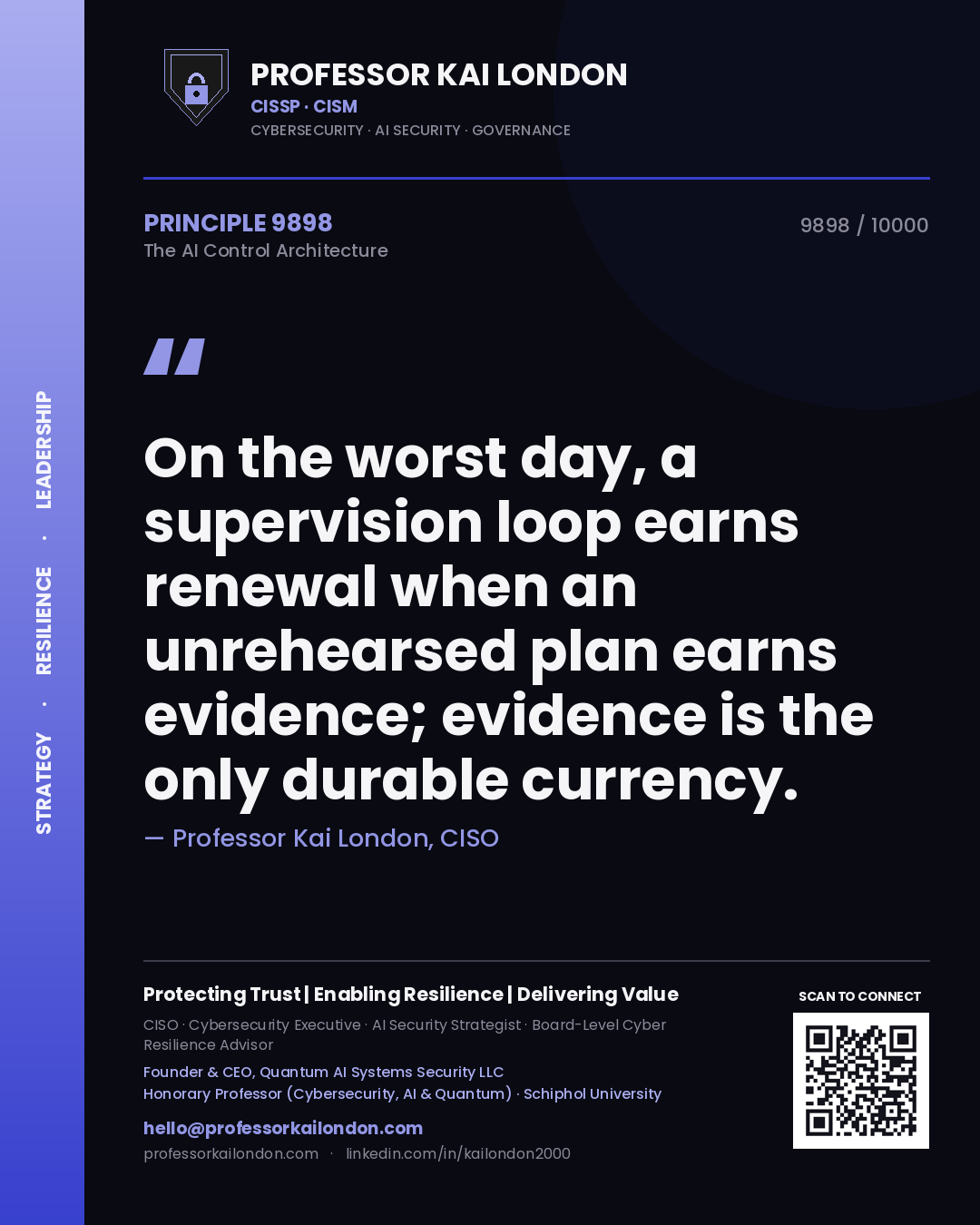 Quote card by Professor Kai London reading 'On the worst day, a supervision loop earns renewal when an unrehearsed plan earns evidence; evidence is the only durable currency.'. From the book The AI Control Architecture.