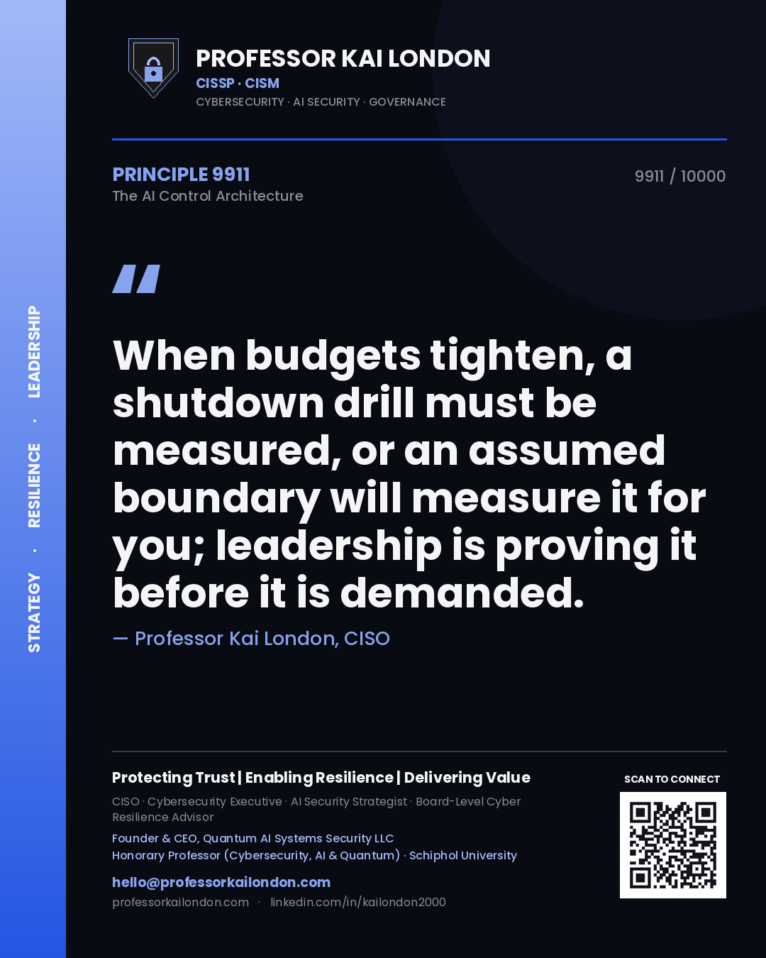 Professor Kai London principle 9911: When budgets tighten, a shutdown drill must be measured, or an assumed boundary will measure it for you; leadership is proving it before it is demanded.