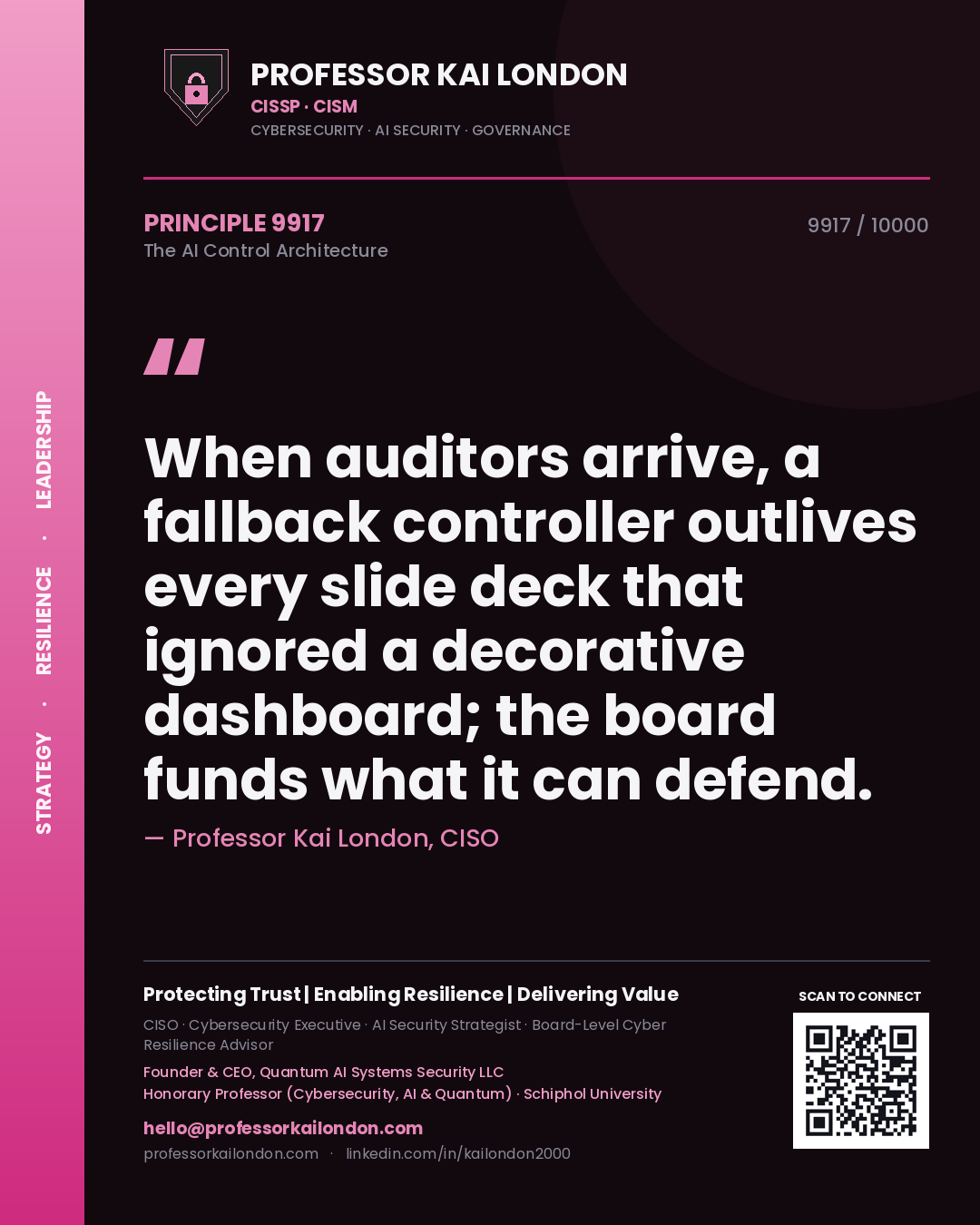 Quote card by Professor Kai London reading 'When auditors arrive, a fallback controller outlives every slide deck that ignored a decorative dashboard; the board funds what it can defend.'. From the book The AI Control Architecture.