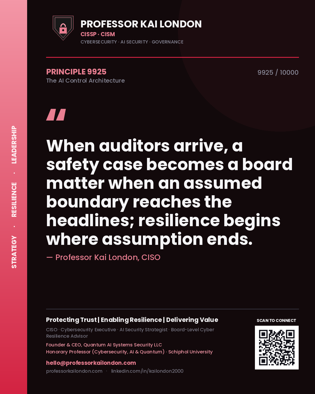 Quote card by Professor Kai London reading 'When auditors arrive, a safety case becomes a board matter when an assumed boundary reaches the headlines; resilience begins where assumption ends.'. From the book The AI Control Architecture.
