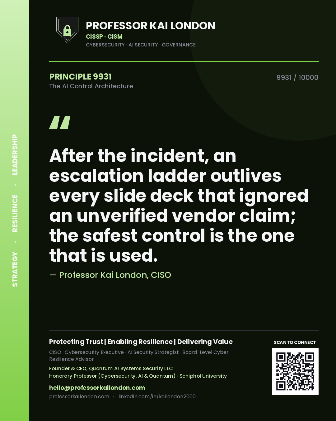 Quote card by Professor Kai London reading 'After the incident, an escalation ladder outlives every slide deck that ignored an unverified vendor claim; the safest control is the one that is used.'. From the book The AI Control Architecture.
