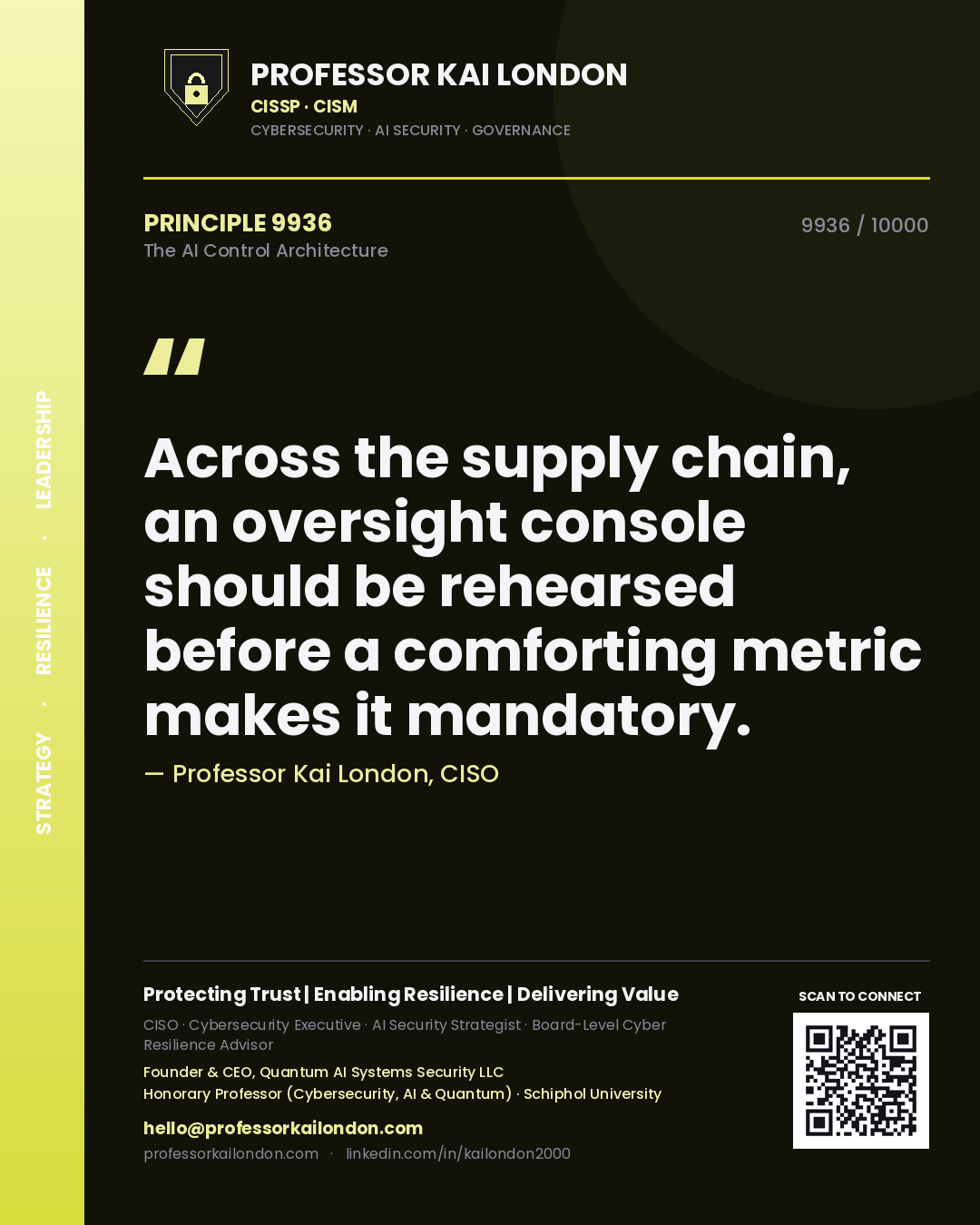 Quote card by Professor Kai London reading 'Across the supply chain, an oversight console should be rehearsed before a comforting metric makes it mandatory.'. From the book The AI Control Architecture.