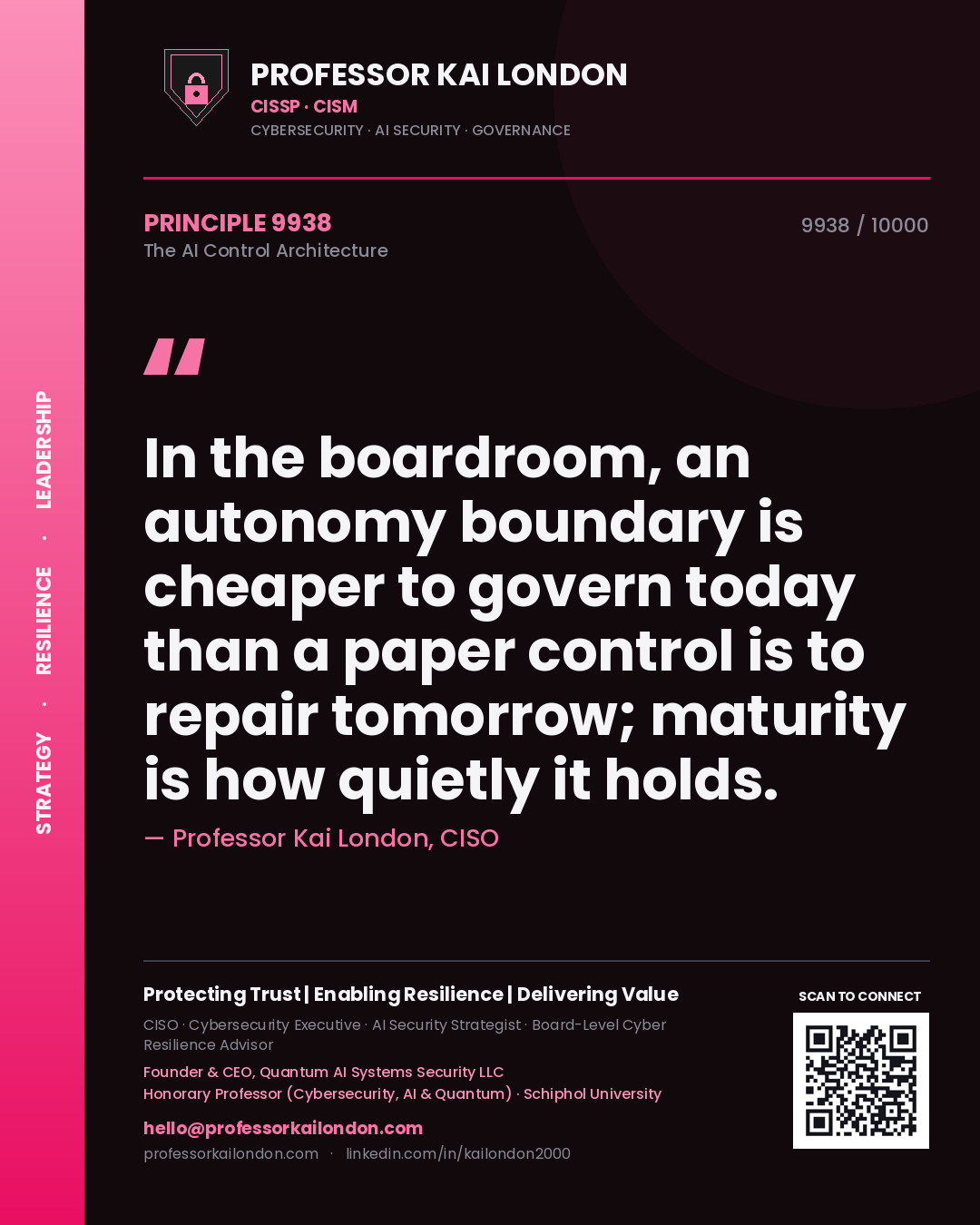 Quote card by Professor Kai London reading 'In the boardroom, an autonomy boundary is cheaper to govern today than a paper control is to repair tomorrow; maturity is how quietly it holds.'. From the book The AI Control Architecture.