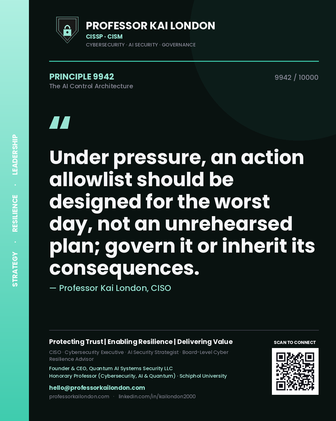 Quote card by Professor Kai London reading 'Under pressure, an action allowlist should be designed for the worst day, not an unrehearsed plan; govern it or inherit its consequences.'. From the book The AI Control Architecture.