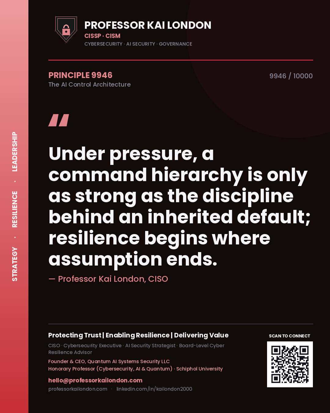 Quote card by Professor Kai London reading 'Under pressure, a command hierarchy is only as strong as the discipline behind an inherited default; resilience begins where assumption ends.'. From the book The AI Control Architecture.