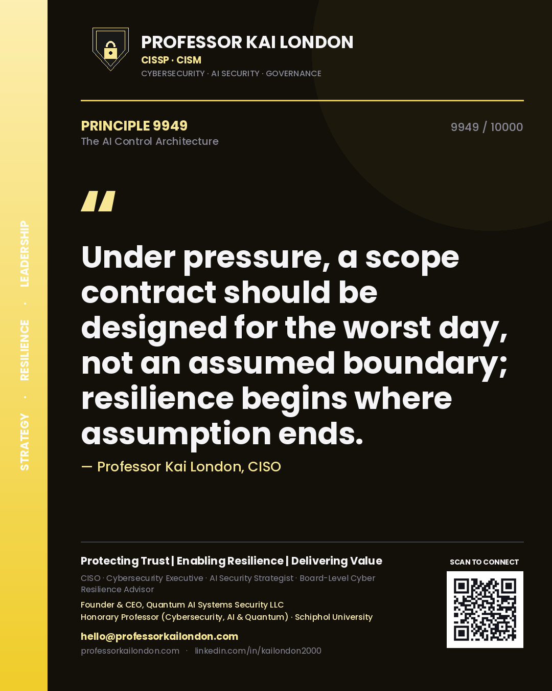 Quote card by Professor Kai London reading 'Under pressure, a scope contract should be designed for the worst day, not an assumed boundary; resilience begins where assumption ends.'. From the book The AI Control Architecture.