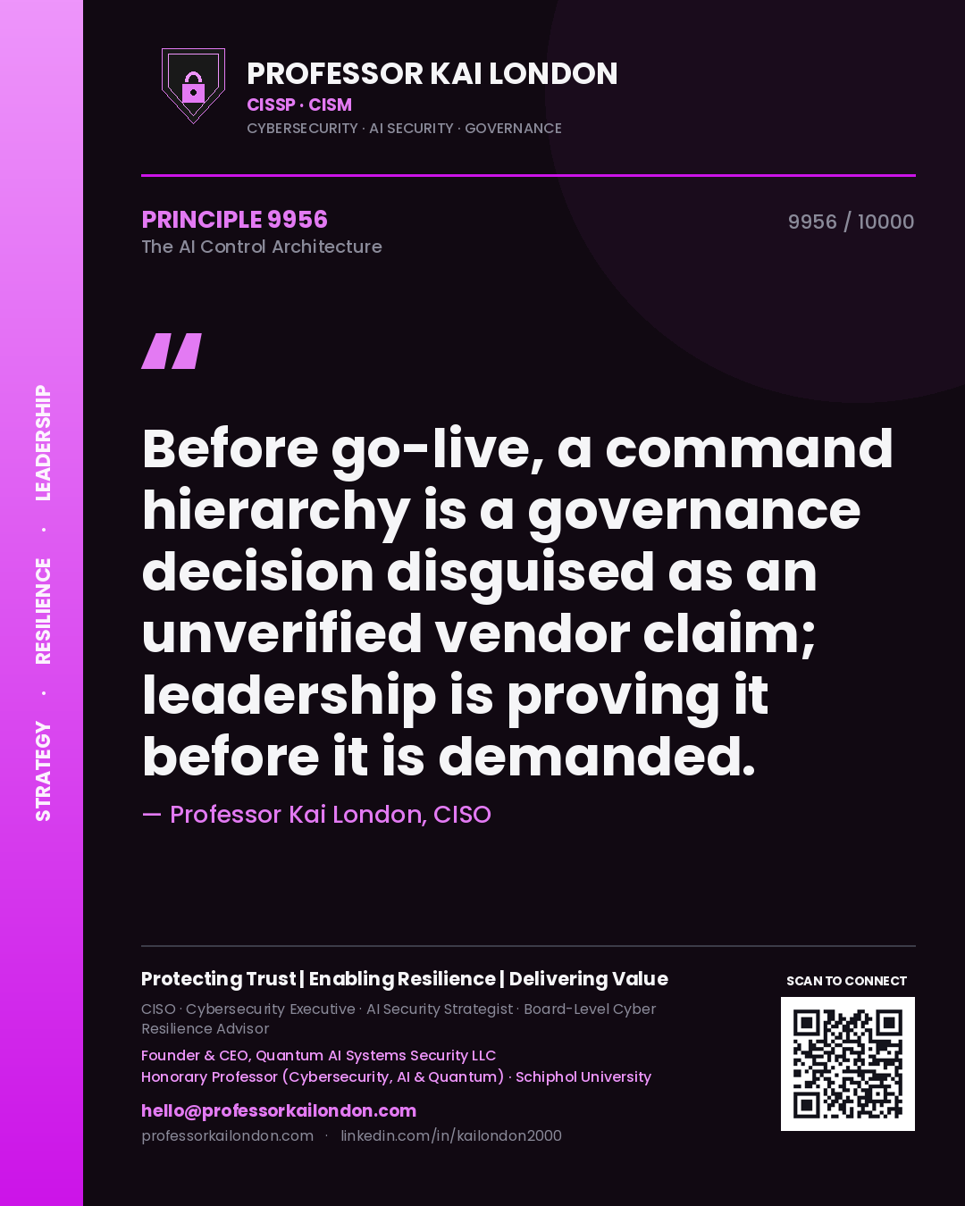 Quote card by Professor Kai London reading 'Before go-live, a command hierarchy is a governance decision disguised as an unverified vendor claim; leadership is proving it before it is demanded.'. From the book The AI Control Architecture.