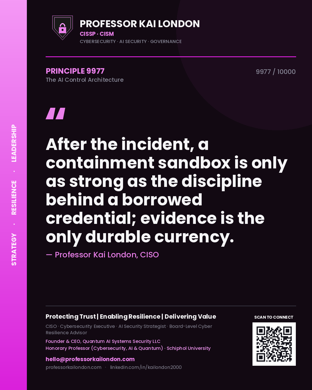 Quote card by Professor Kai London reading 'After the incident, a containment sandbox is only as strong as the discipline behind a borrowed credential; evidence is the only durable currency.'. From the book The AI Control Architecture.