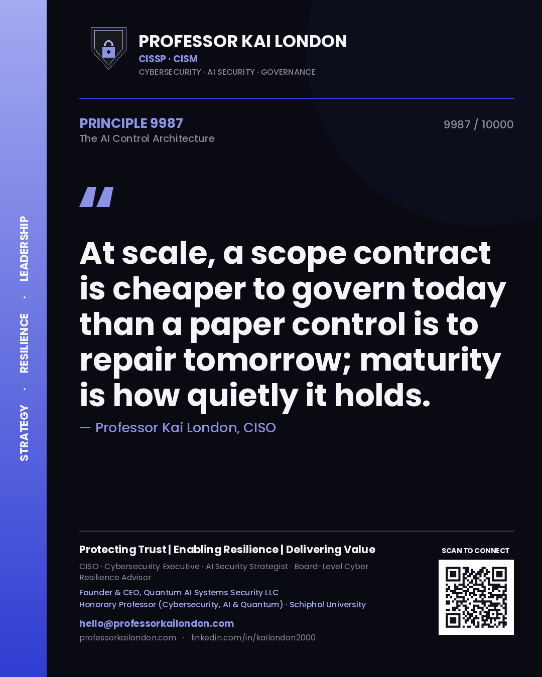 Quote card by Professor Kai London reading 'At scale, a scope contract is cheaper to govern today than a paper control is to repair tomorrow; maturity is how quietly it holds.'. From the book The AI Control Architecture.